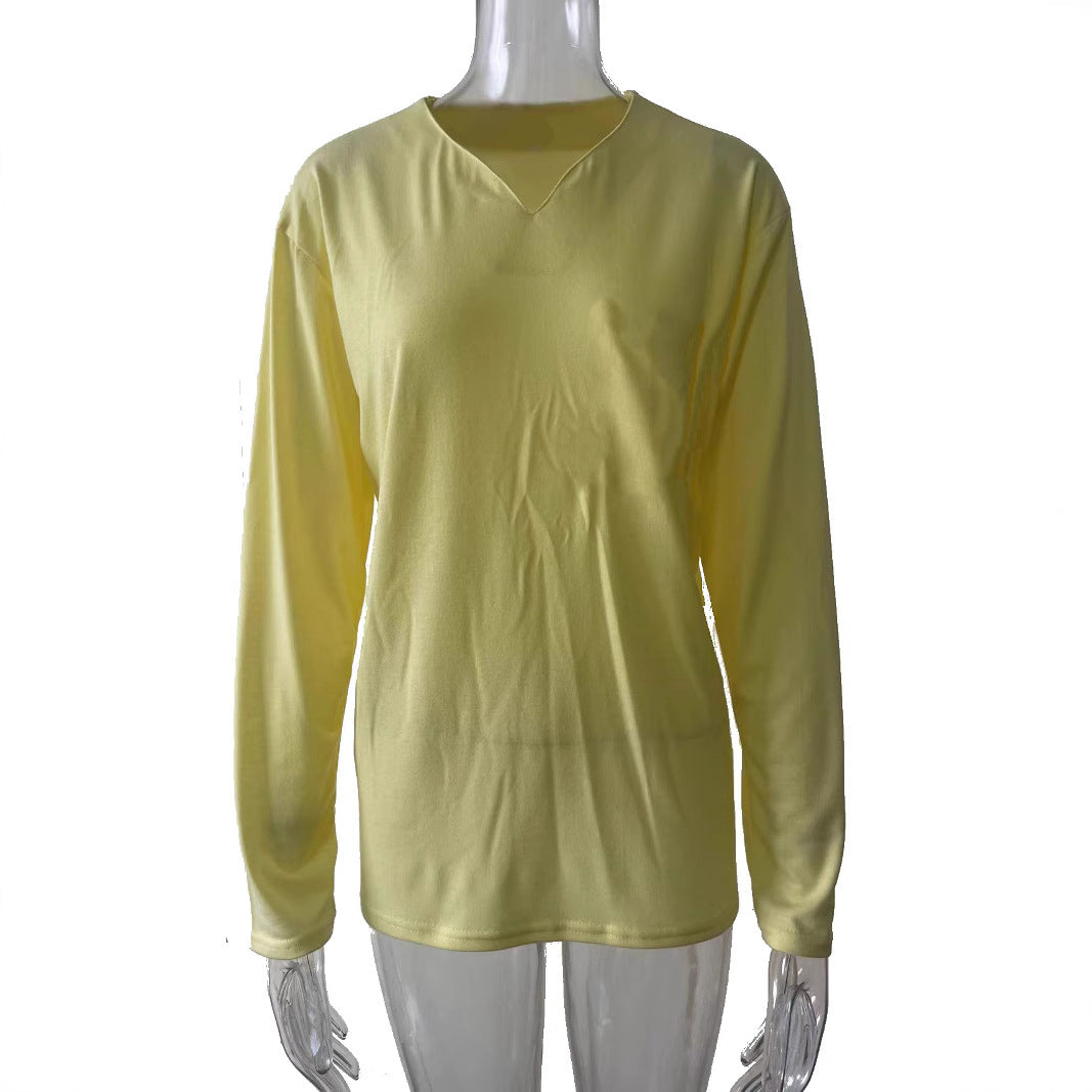 Damen nan legeres Langarmshirt mit V-Notch-Ausschnitt, Brusttasche und lockerer Oversize-Passform EB