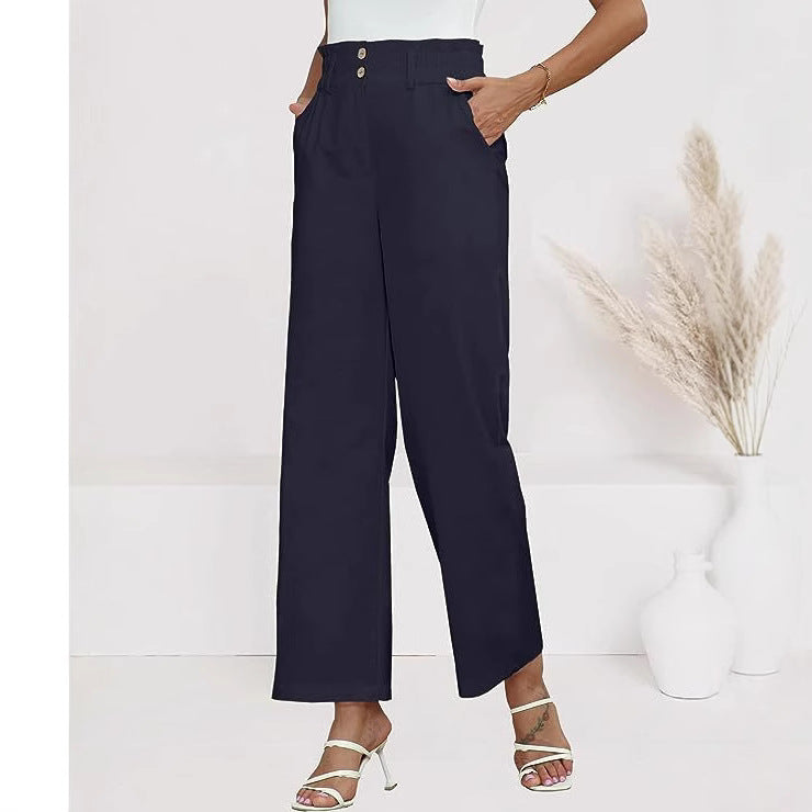 Damen Bequeme Weit geschnittene Hose mit elastischem Bund und Knopfdetails EB