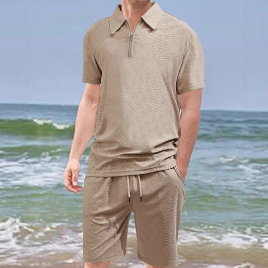 Herren nan komfortables Kurzarm-Halbzip-Set mit Polokragen und elastischer Kordelhose aus Strukturstrick EB