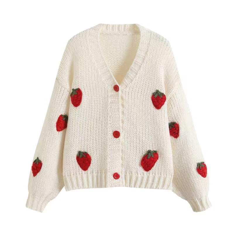 Damen Kurzcardigan mit Erdbeer-Applikationen und grobem Strick EB