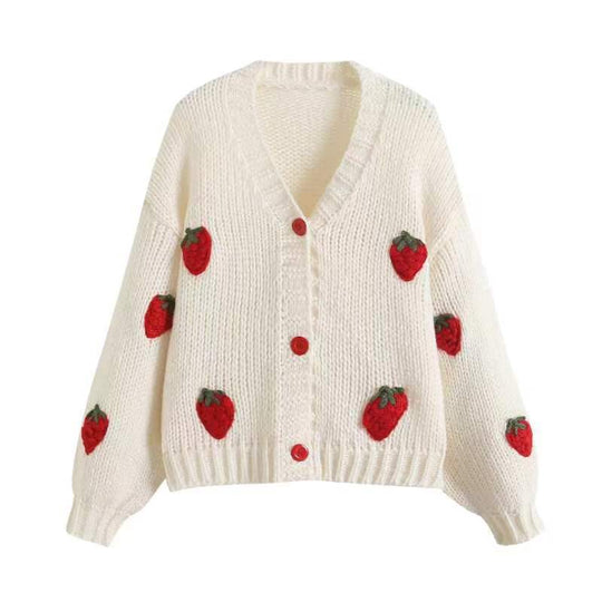 Damen Kurzcardigan mit Erdbeer-Applikationen und grobem Strick EB