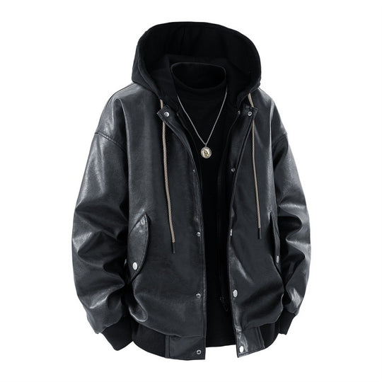 Herren oversized Kunstleder-Bomberjacke mit kontrastkapuze, Druckknopfblende und aufgesetzten Taschen EB