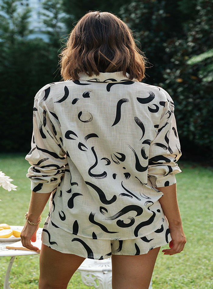 Damen luftiges Pyjama-Set mit kreativem Muster und elastischem Bund EB