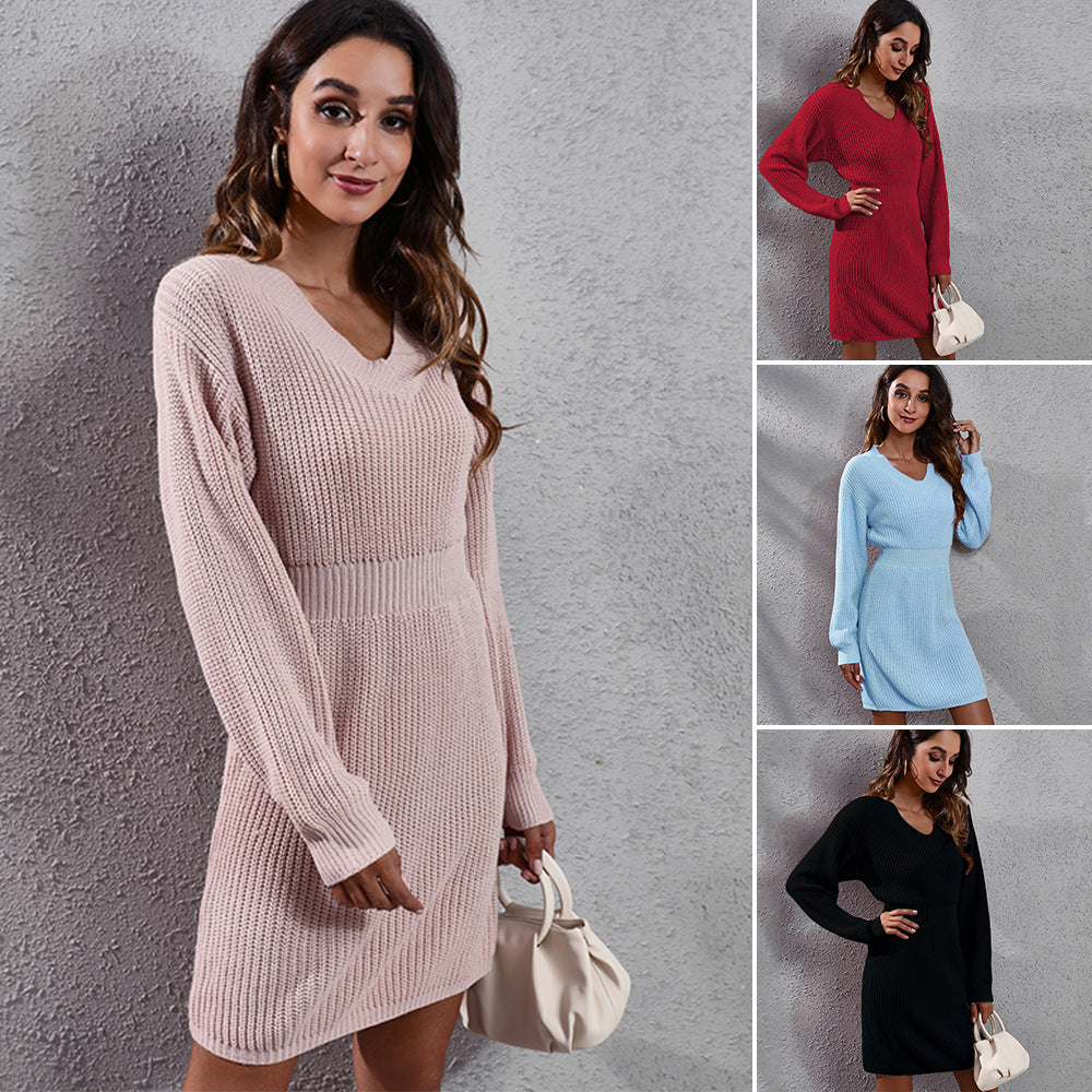 Damen Strickkleid mit V-Ausschnitt und lässigem Schnitt EB