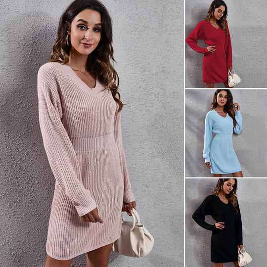 Damen Strickkleid mit V-Ausschnitt und lässigem Schnitt EB