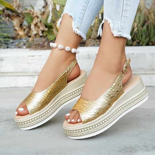 Damen Wedge-Sandaletten mit modischem Krokodesign und komfortablem Fußbett EB