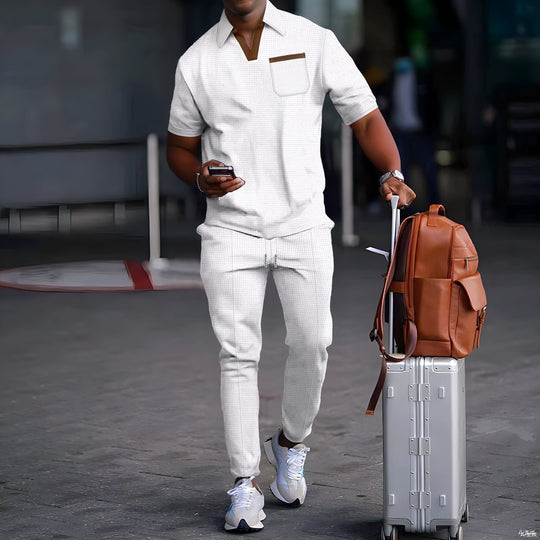Herren nan lässiges Freizeitset aus elastischem Jersey mit V-Ausschnitt Brusttasche und Kordelbund EB