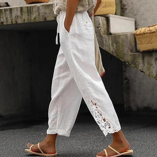 Damen luftige Leinenhose mit dekorativen Stickereien EB
