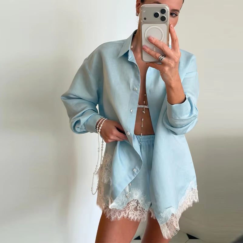 Damen nan zweiteiliges Satin-Pyjama-Set mit Hemdbluse, Gummibund-Shorts und Spitzenbesatz EB