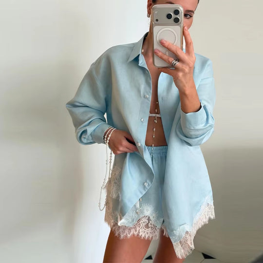 Damen nan zweiteiliges Satin-Pyjama-Set mit Hemdbluse, Gummibund-Shorts und Spitzenbesatz EB