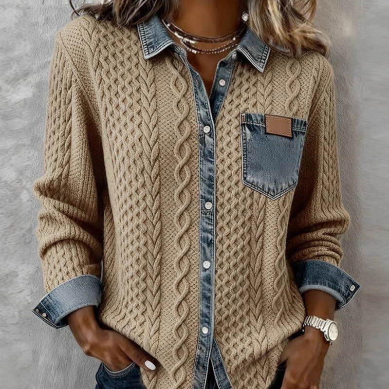 Damen nan geflochtener Strickpullover mit integriertem Jeanskragen und Brusttasche EB