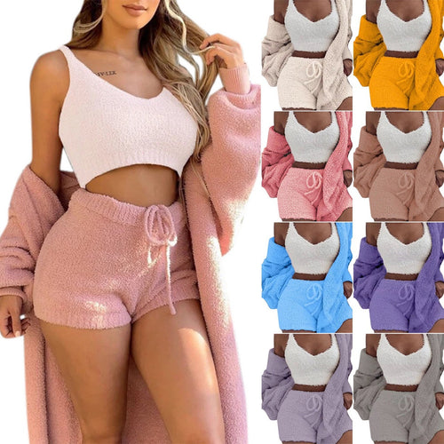 Damen kuscheliges Lounge-Set mit Cropped Top und Shorts EB