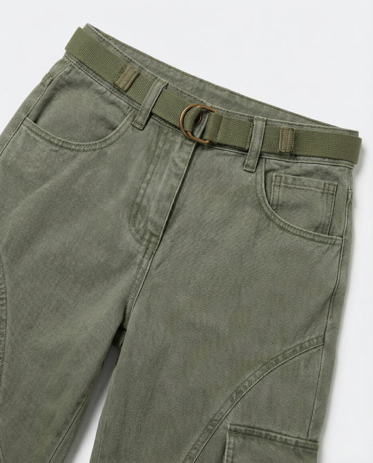 Damen hochgeschnittene Cargohose mit weitem Bein, verstärkten Kniepartien und integriertem Textilgürtel EB