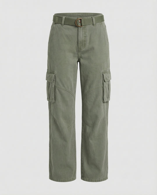 Damen hochgeschnittene Cargohose mit weitem Bein, verstärkten Kniepartien und integriertem Textilgürtel EB