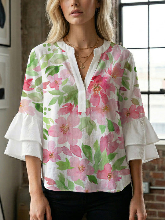 Damen Bluse mit voluminösen Rüschenärmeln und floralem Druck EB