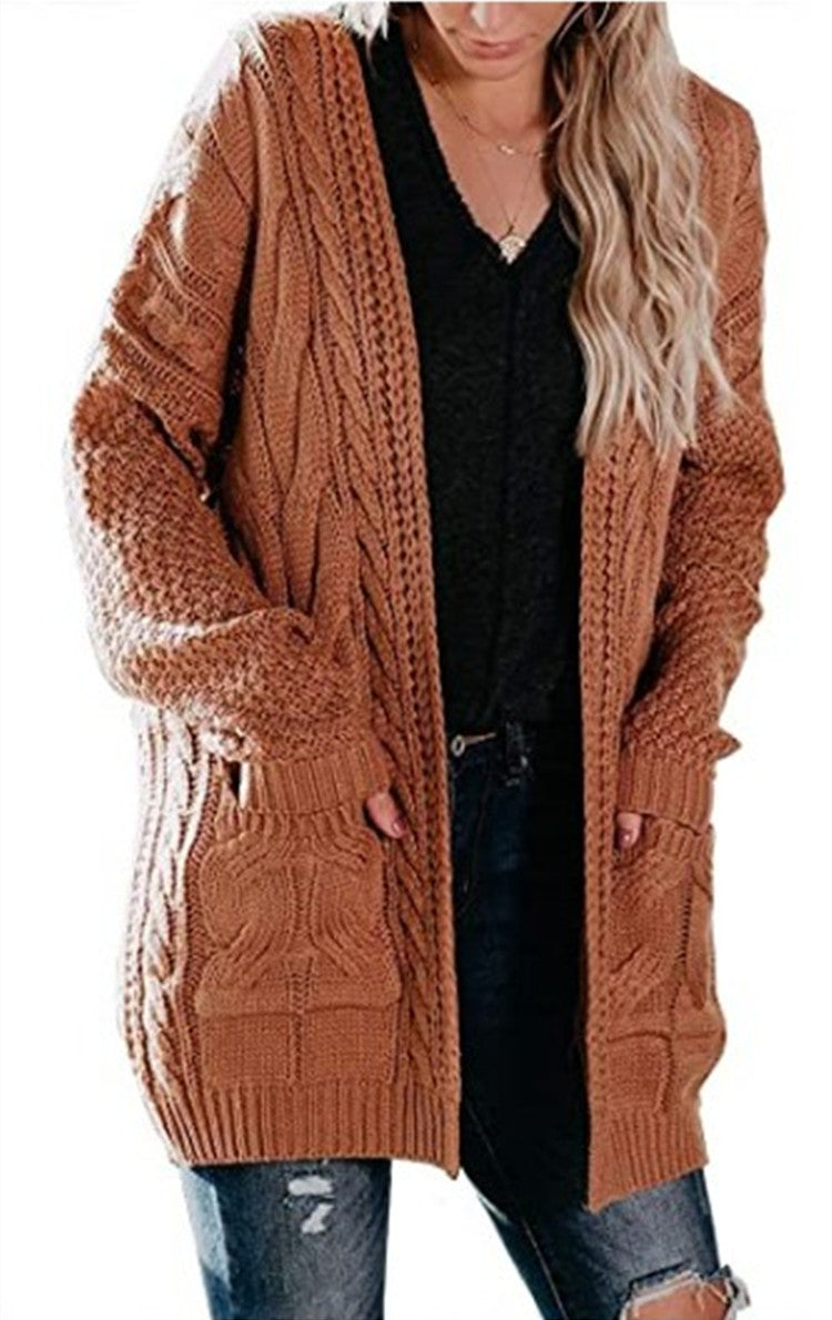 Damen Grobstrickcardigan mit tiefen Taschen und dekorativem Zopfmuster EB