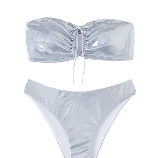 Damen Bandeau-Bikini mit glänzendem Oberteil und hohem Beinausschnitt EB