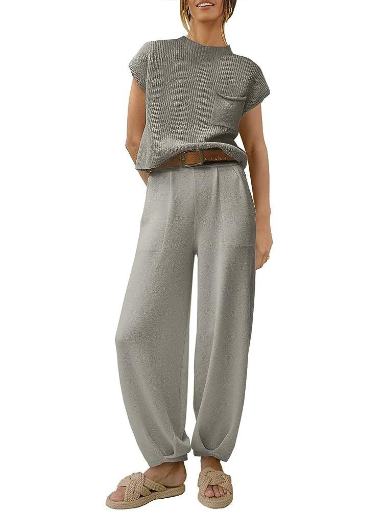 Damen lässiges Strick-Oberteil und weite Hose Set EB