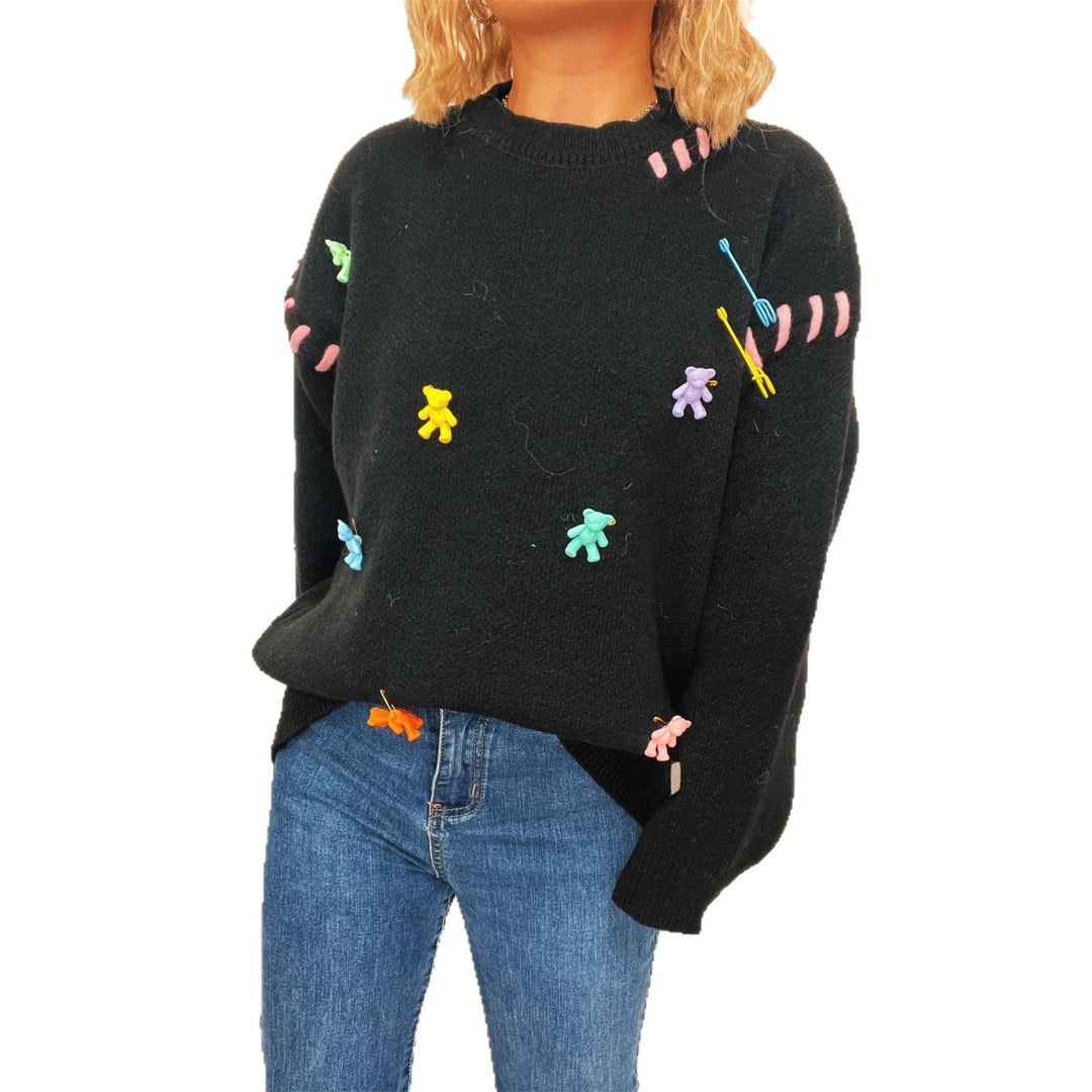 Damen Pullover mit verspieltem Bären-Motiv und dekorativen Applikationen EB