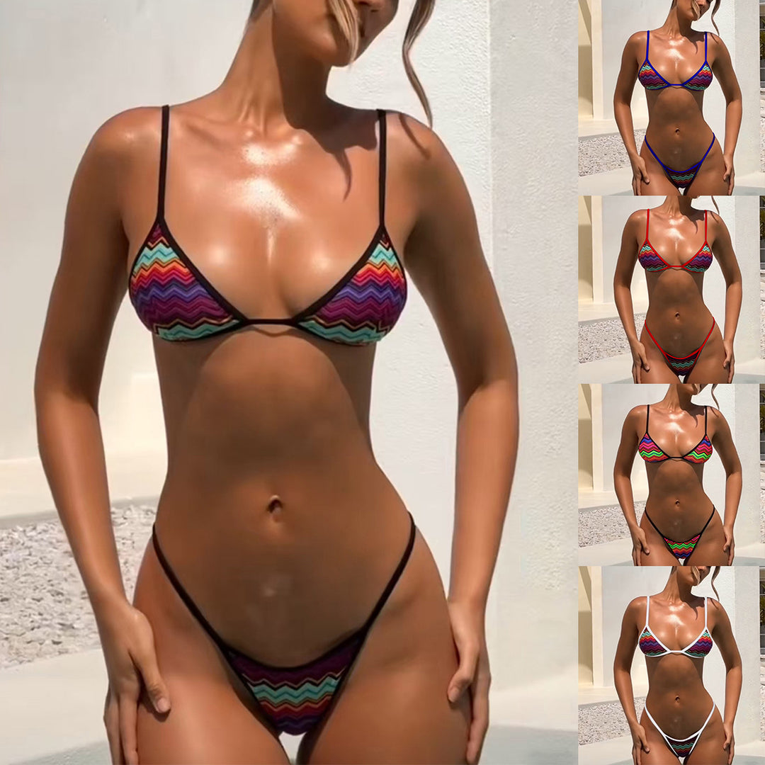 Damen Triangel-Bikini mit verstellbaren Bindebändern und frischem Streifenmuster EB