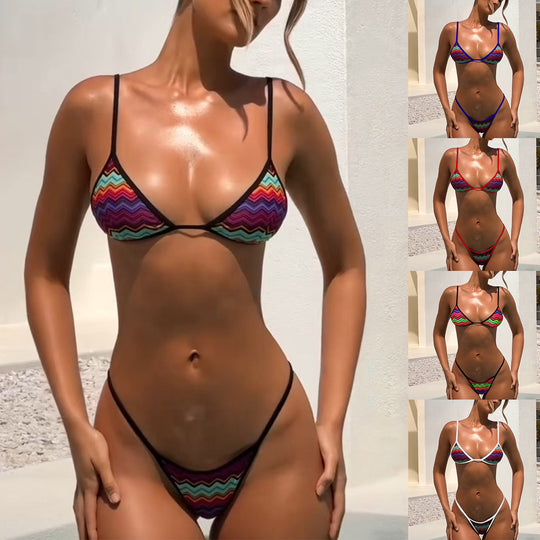 Damen Triangel-Bikini mit verstellbaren Bindebändern und frischem Streifenmuster EB