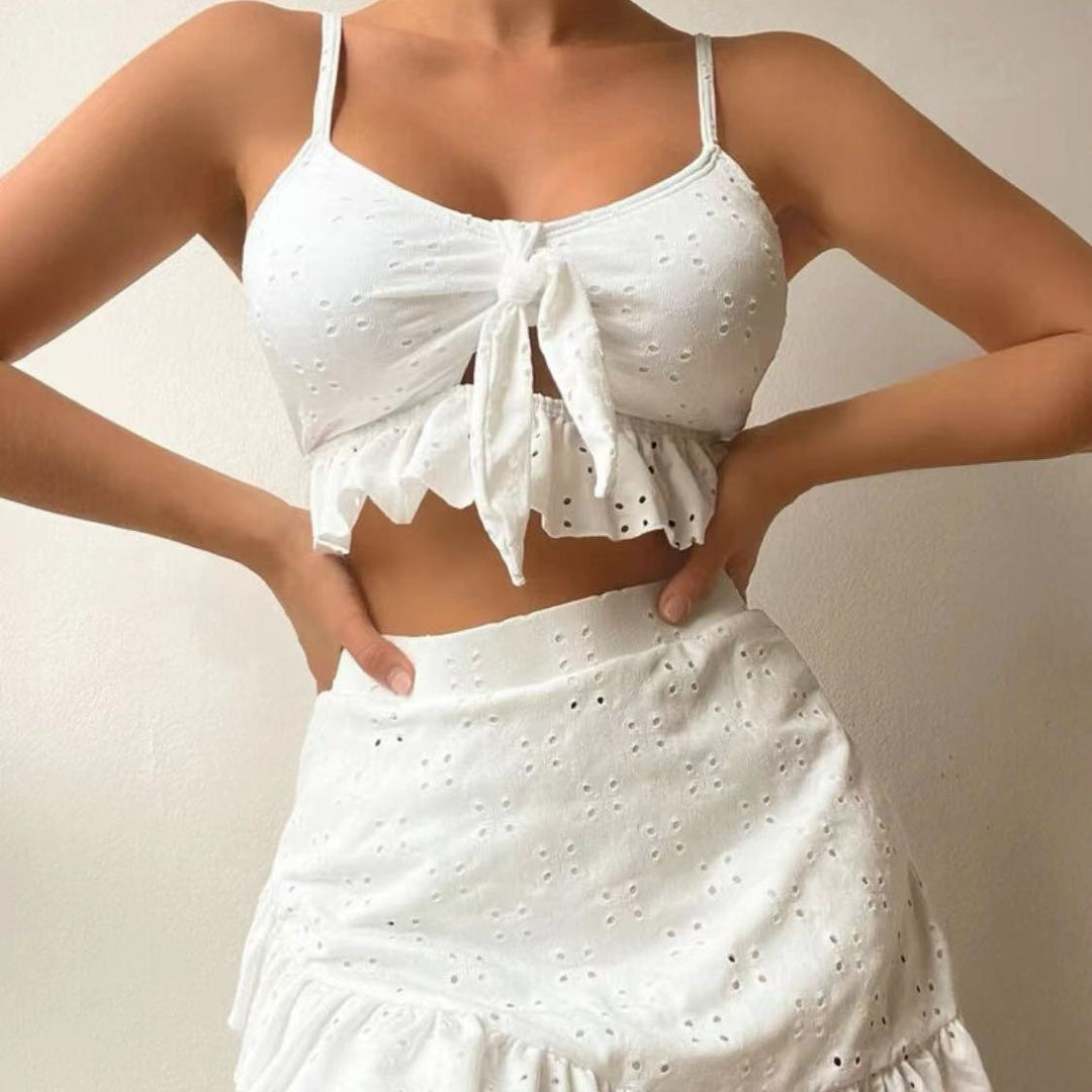 Damen Crop-Top und Minirock-Set mit verspielten Rüschendetails EB