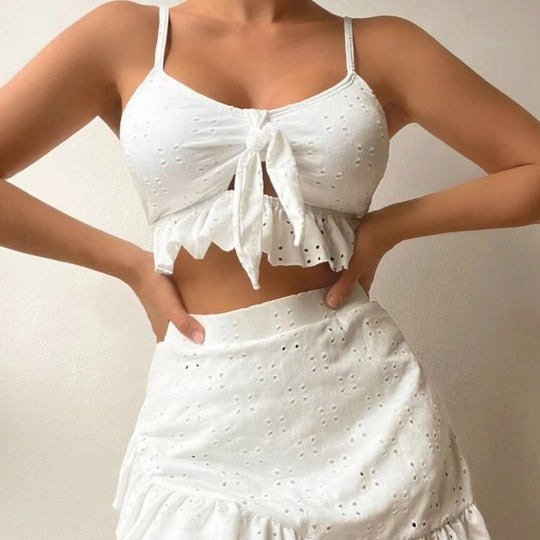 Damen Crop-Top und Minirock-Set mit verspielten Rüschendetails EB