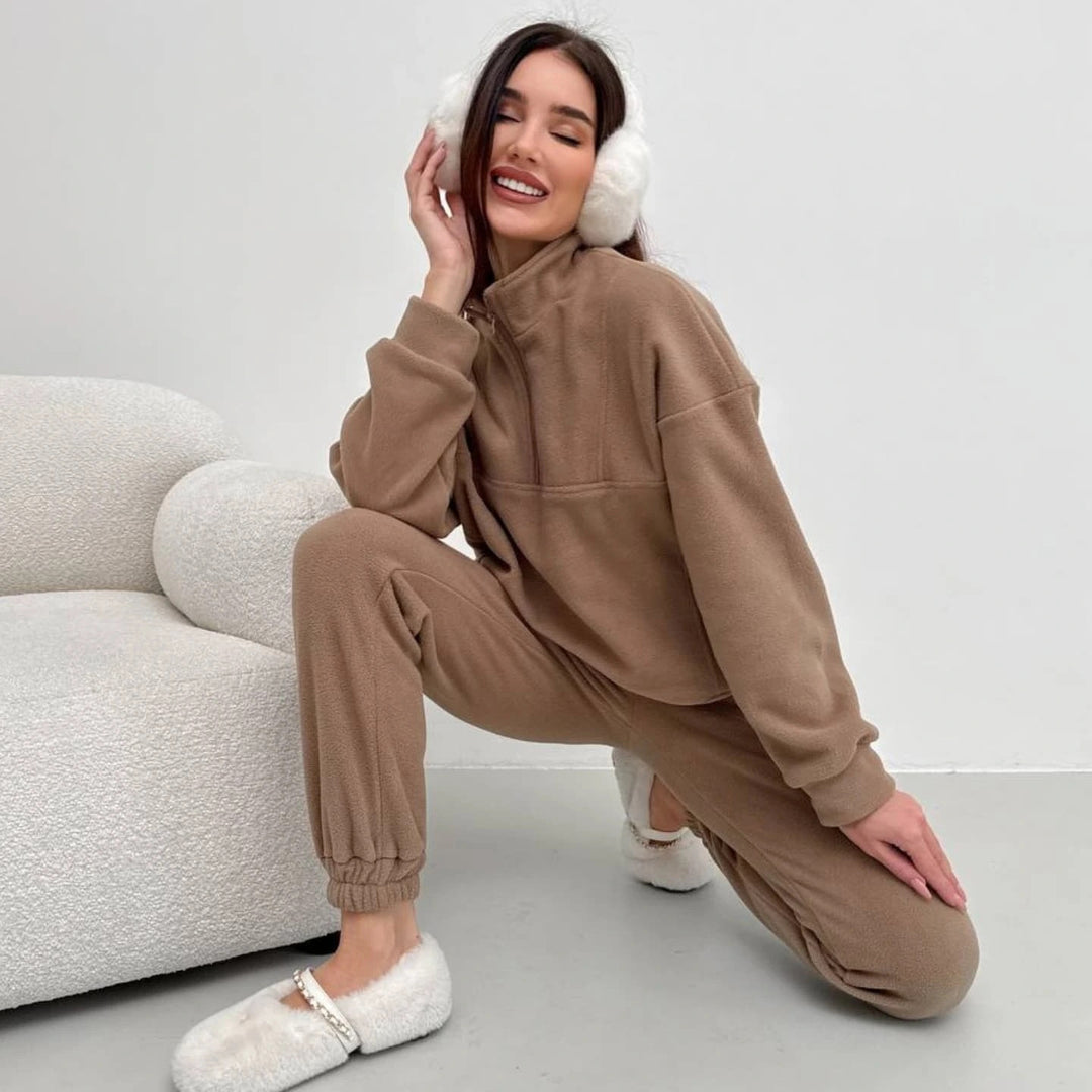 Damen Kuscheliges Fleece-Loungewear-Set mit halbem Reißverschluss und elastischer Jogginghose EB