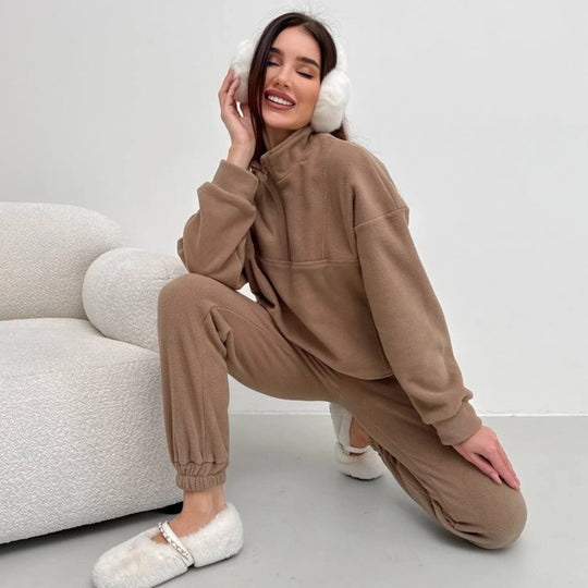 Damen Kuscheliges Fleece-Loungewear-Set mit halbem Reißverschluss und elastischer Jogginghose EB