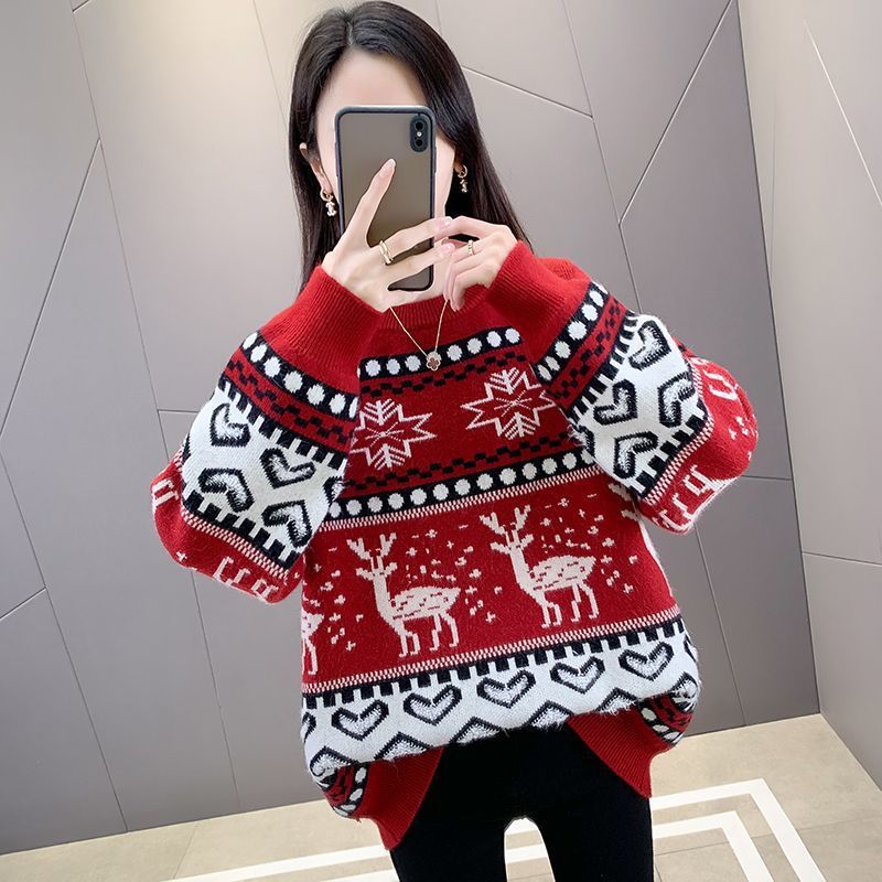 Damen Grobstrickpullover mit festlichem Rentiermotiv und modernem Design EB