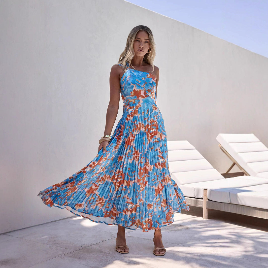 Damen Maxikleid mit schwingendem Faltenrock und femininem Floral-Design EB