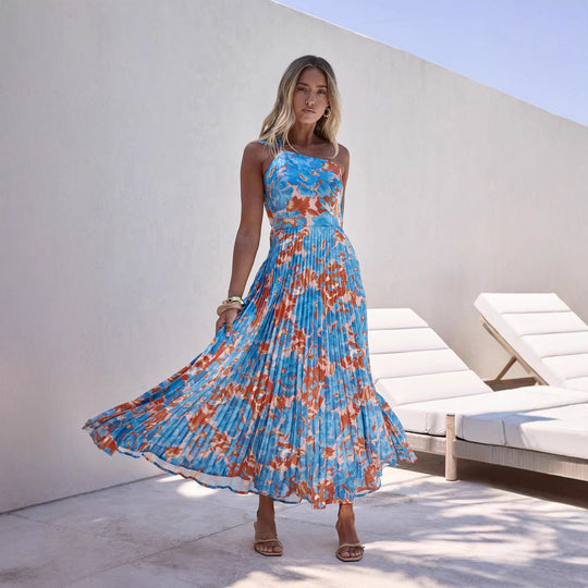 Damen Maxikleid mit schwingendem Faltenrock und femininem Floral-Design EB