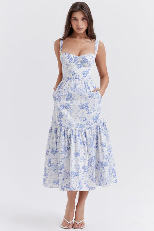 Damen Floral Maxikleid mit schulterfreiem Design und voluminösem Rock EB