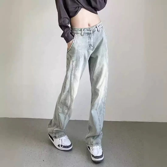 Damen weite High-Waist Denim-Jeans mit distressed Optik und bequemen Seitentaschen EB