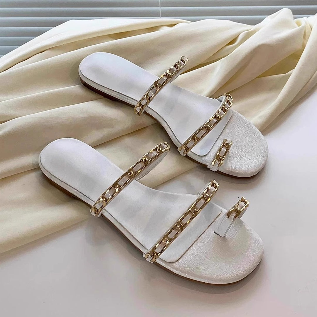Damen elegante Pantoletten mit goldverziertem Kettendetail EB