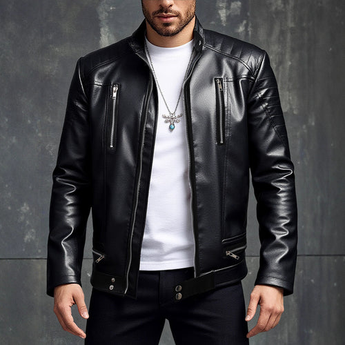 Herren modische Kunstlederjacke mit abnehmbaren Taschen EB