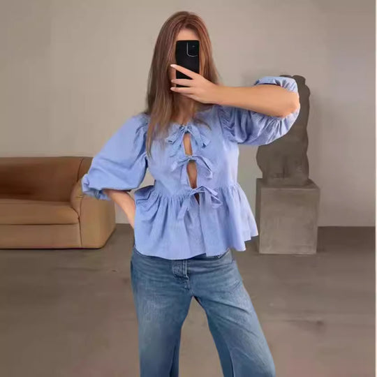 Damen Bluse mit raffinierten Schleifen und voluminösen Ärmeln Heidi-Mode