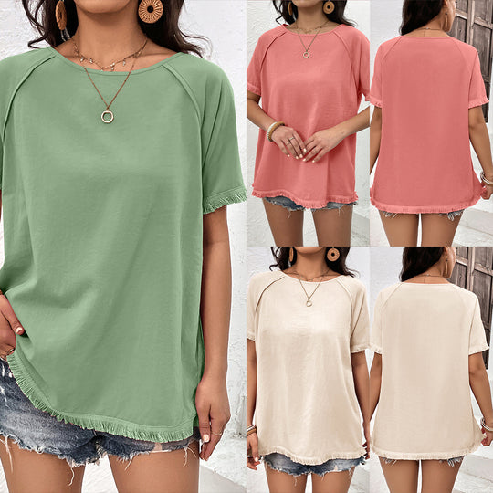 Damen lässiges T-Shirt mit fransigen Ärmeln und Rundhalsausschnitt EB