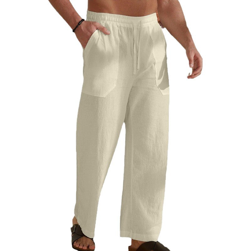Herren nan luftige Leinen-Relaxhose mit geradem Bein, aufgesetzten Fronttaschen und elastischem Tunnelzug EB