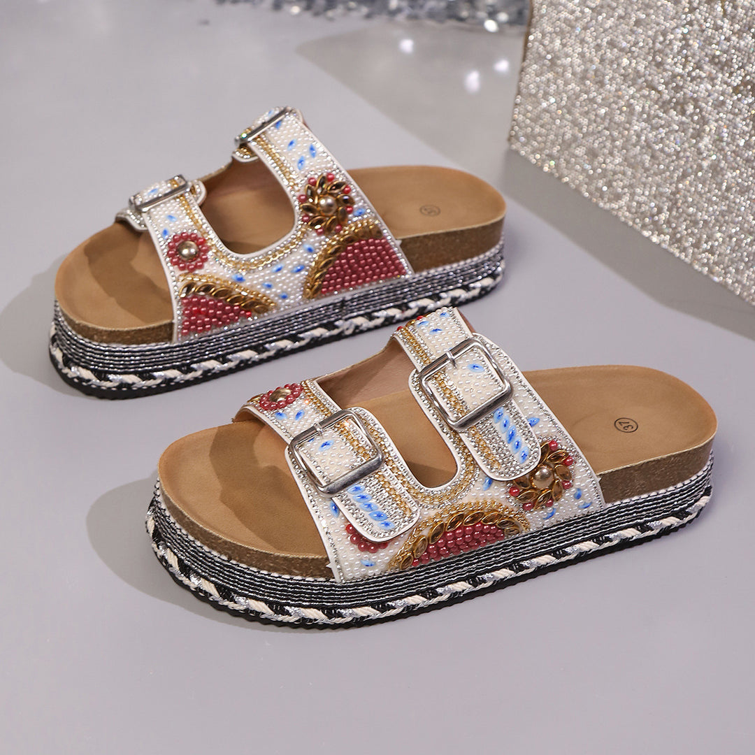 Damen Bequeme und modische Platform-Sandalen mit verstellbaren Riemen und bunten Applikationen EB