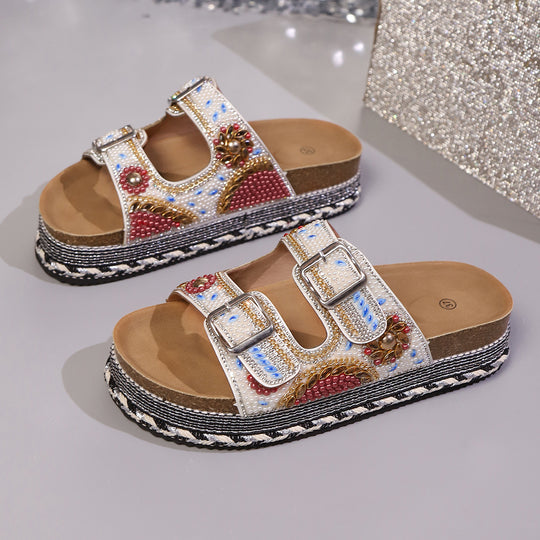 Damen Bequeme und modische Platform-Sandalen mit verstellbaren Riemen und bunten Applikationen EB