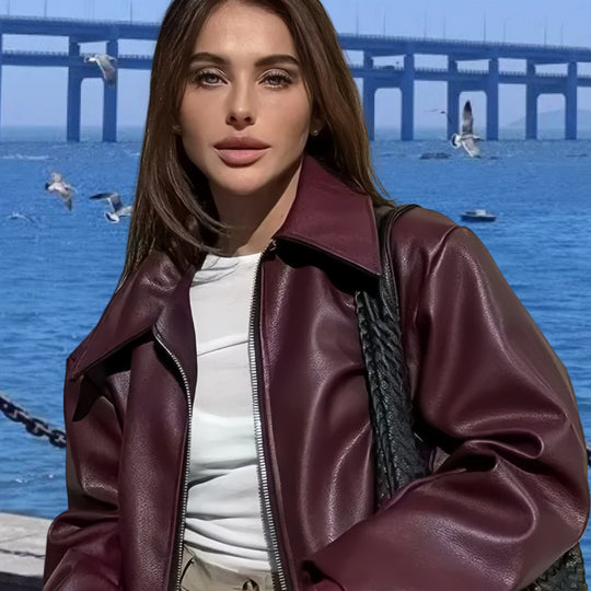 Damen Kunstlederjacke mit Stehkragen und voluminösen Ärmeln EB