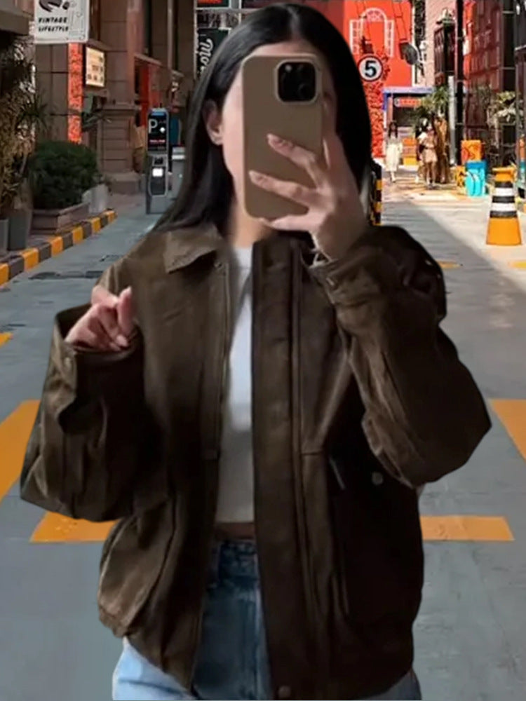 Damen Modische Kunstlederjacke mit lässigem Schnitt und praktischen Taschen EB