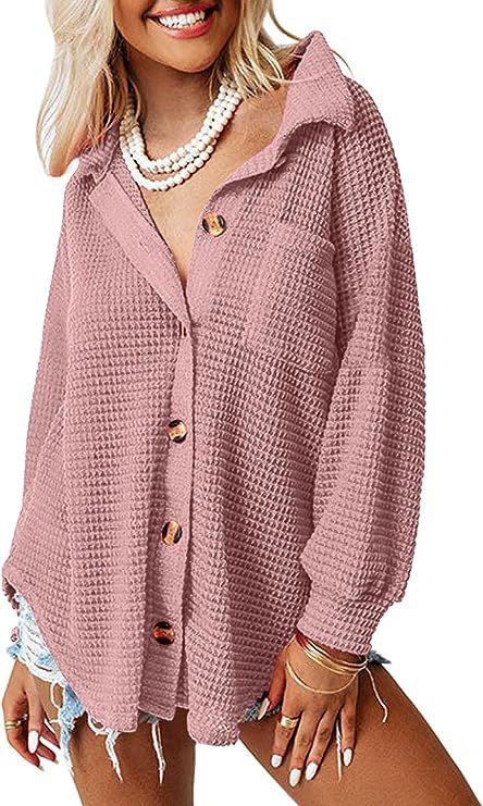 Damen lässige Waffle-Hemdenjacke mit Knopfverschluss EB