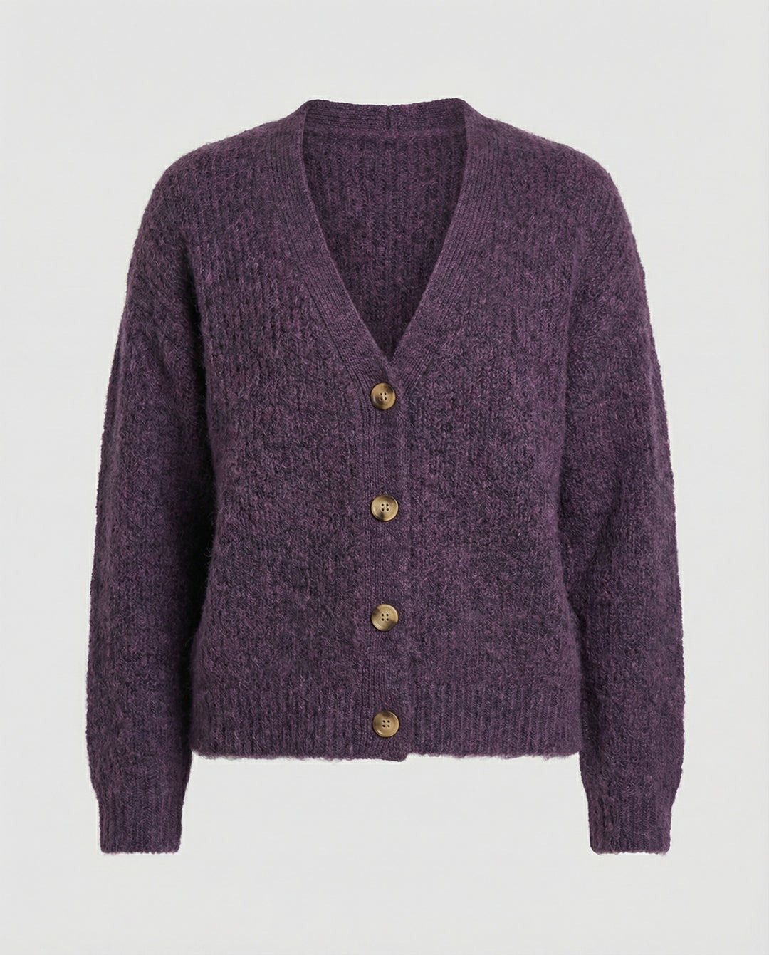 Damen legerer Kurzcardigan mit V-Ausschnitt gebürsteter Strickstruktur und dekorativer Holzknopfleiste EB