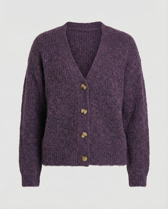 Damen legerer Kurzcardigan mit V-Ausschnitt gebürsteter Strickstruktur und dekorativer Holzknopfleiste EB