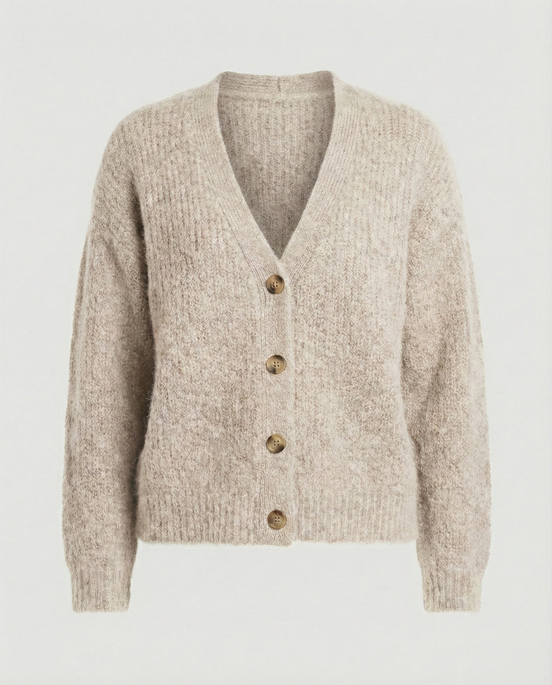 Damen legerer Kurzcardigan mit V-Ausschnitt gebürsteter Strickstruktur und dekorativer Holzknopfleiste EB