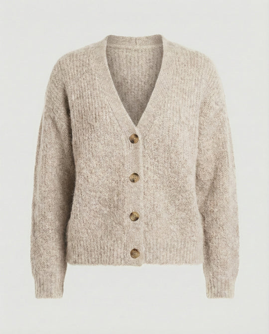 Damen legerer Kurzcardigan mit V-Ausschnitt gebürsteter Strickstruktur und dekorativer Holzknopfleiste EB