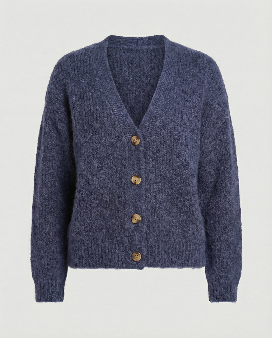 Damen legerer Kurzcardigan mit V-Ausschnitt gebürsteter Strickstruktur und dekorativer Holzknopfleiste EB