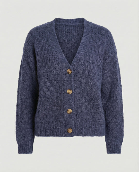 Damen legerer Kurzcardigan mit V-Ausschnitt gebürsteter Strickstruktur und dekorativer Holzknopfleiste EB